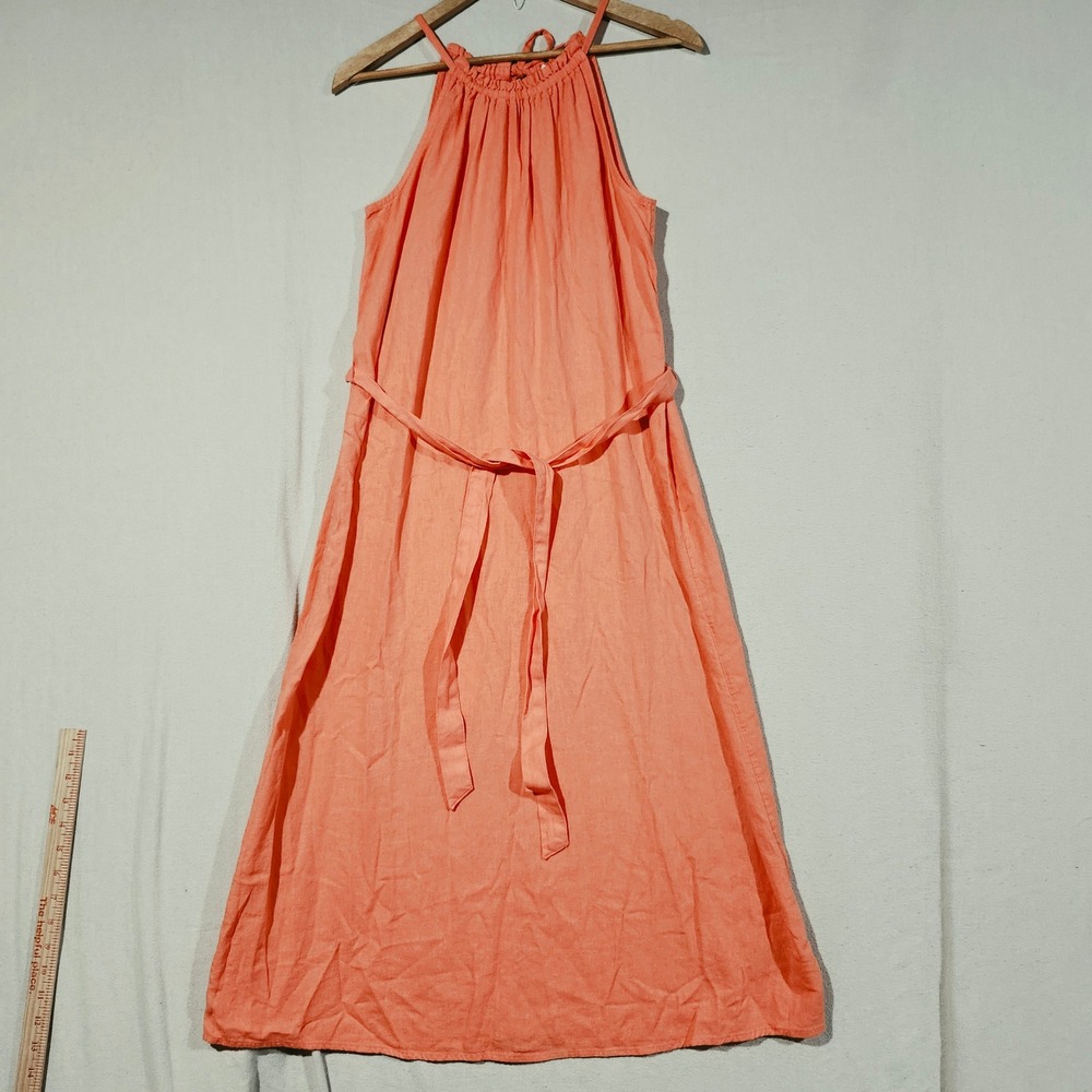 GAP Pink Reef Linen Blend High Neck Tie Midi Dress Womens‎ Medium Lightweight
